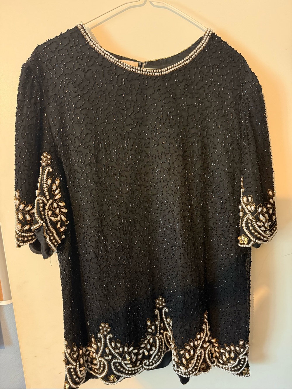Laurence Kazar Black Beaded Short-Sleeve Blouse with Pearl Embellishment
